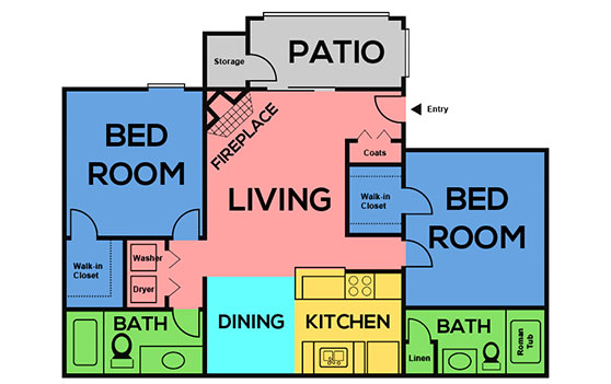 Visual schematic of the 2 Bed 2 Bath apartment layout at Mandalay Bay Las Vegas