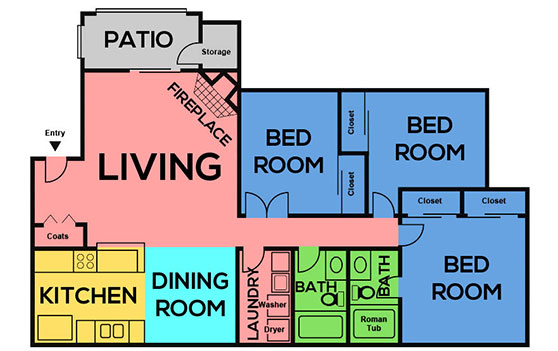Visual schematic of the Floorplan D, 3 Bed 2 Bath apartment layout at Mandalay Bay Las Vegas
